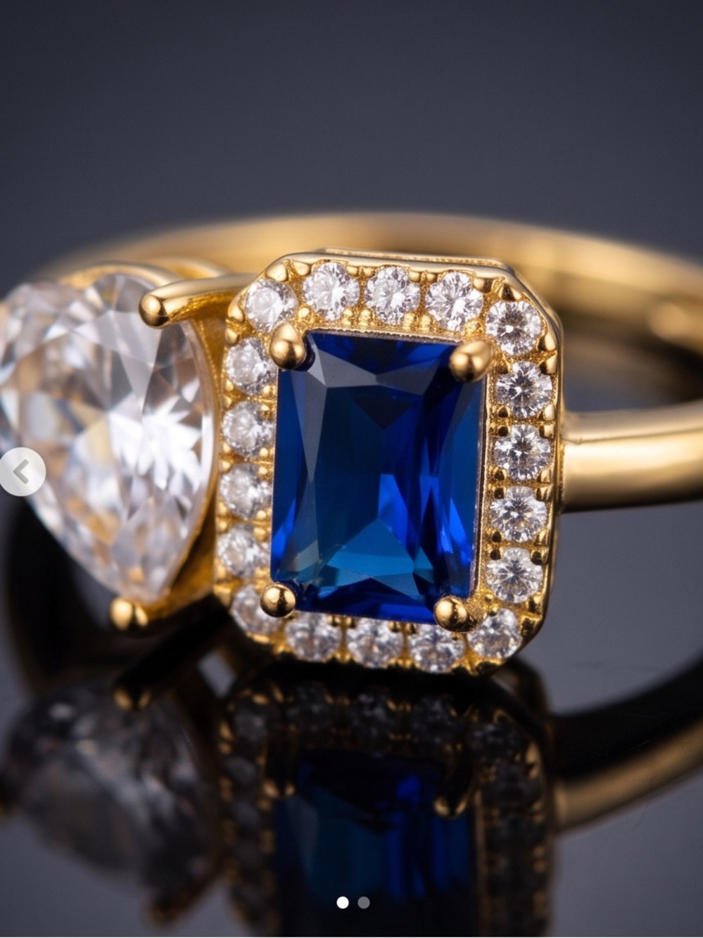 S925 Sterling Silver Blue Emerald Cut Sapphire and Pear Shape CZ Stone Size 7